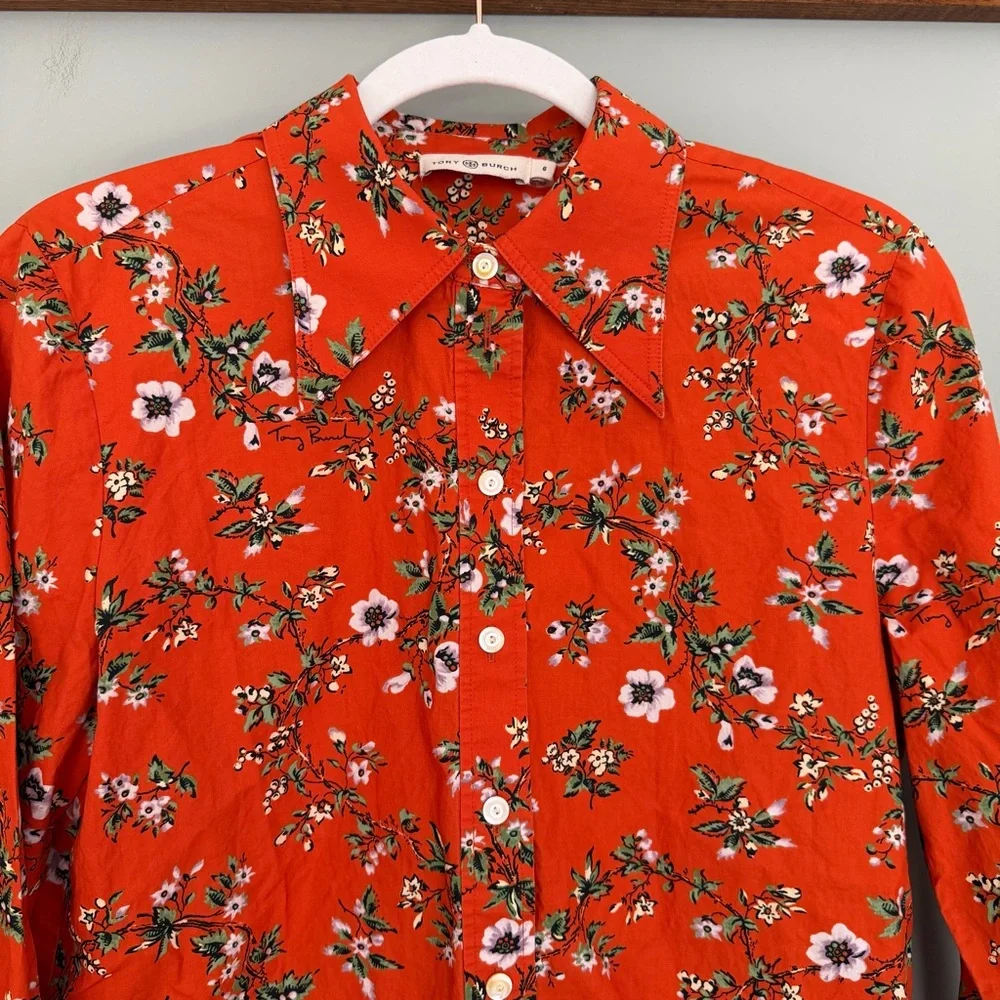 Tory Burch 100% Cotton Orange Floral Classic Oxford Button Down Shirt - Picture 6 of 17